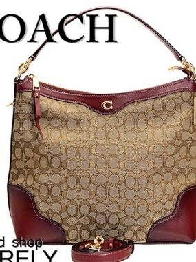 Coach Tan Signature Canvas Shoulder Bag with Red Leather Trim